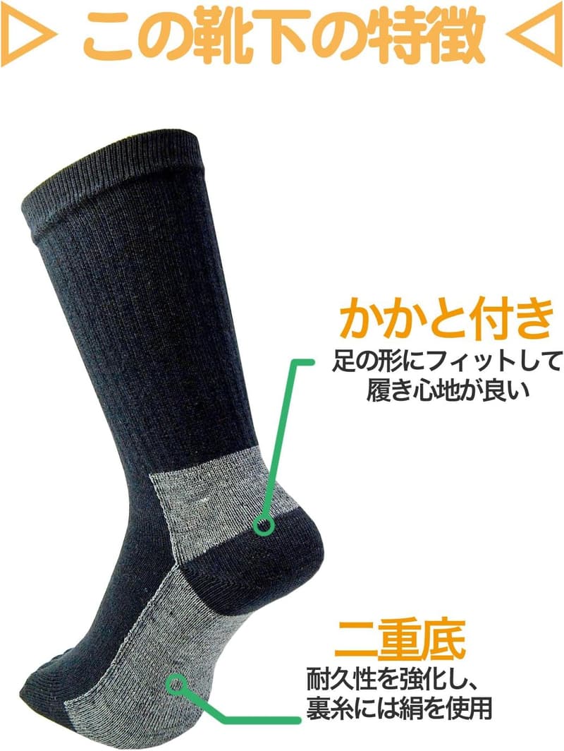 5本指ソックス かかと付き 絹の底力 二重底 3足組（3色アソート）