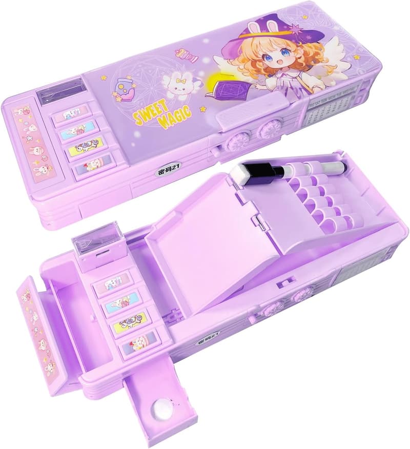 小学生向け両面開き多機能パスワードロック文房具ペンケース（パープル）