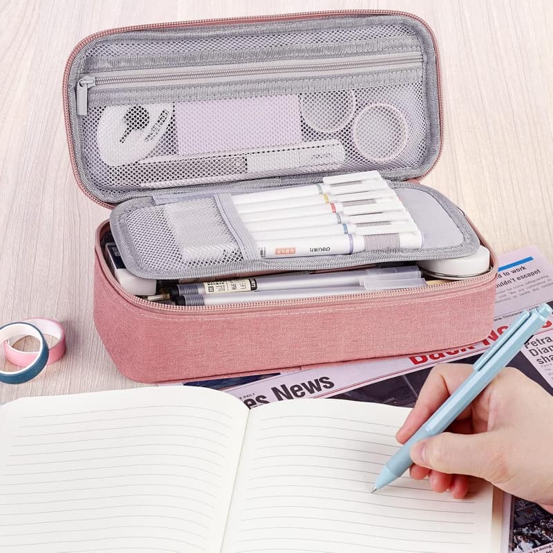 大容量シンプルペンケース 2層ジッパー おしゃれな収納ポーチ ピンク