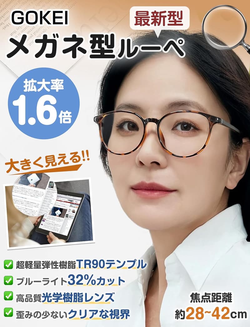 老人向けブルーライトカット眼鏡型ルーペ 1.3-1.9倍 デミ 6点セット