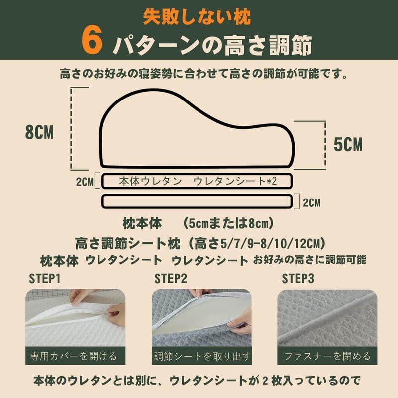 低反発調整可能枕 【6段階高さ調整機能】 洗えるカバー付き (グレー)