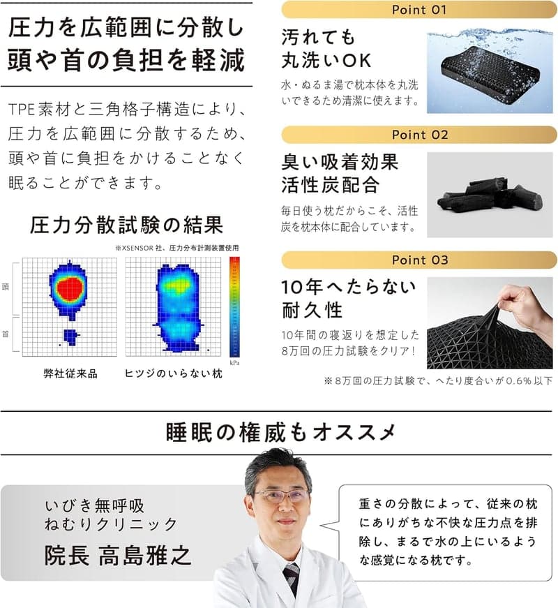 枕カバー付きテンセル製低反発安眠枕 洗濯可 スリープサポート