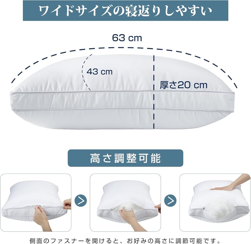 安眠枕 高級ホテル仕様 低め・高め調整可能 肩こり解消 通気性 ふわふわ 63x43x20cm (ホワイト)