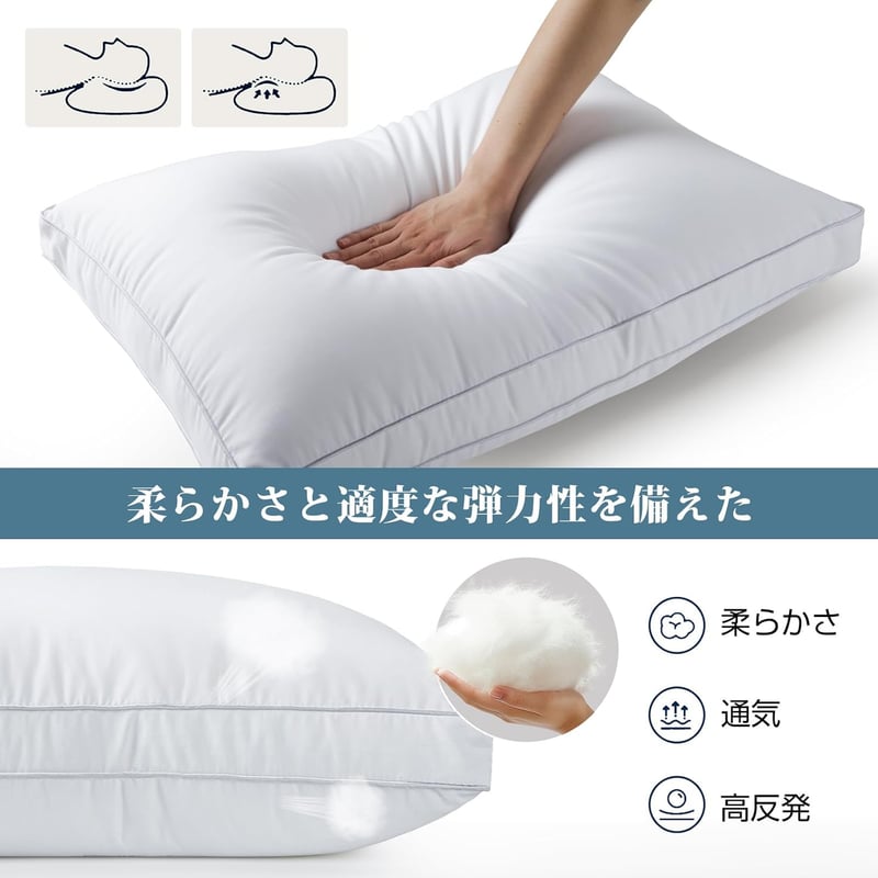 安眠枕 高級ホテル仕様 低め・高め調整可能 肩こり解消 通気性 ふわふわ 63x43x20cm (ホワイト)