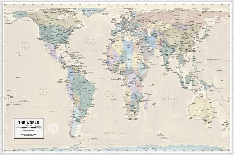 Gall Orthographic 世界地図 - 正確な比率で表示 | ラミネート 36インチ x 24インチ
