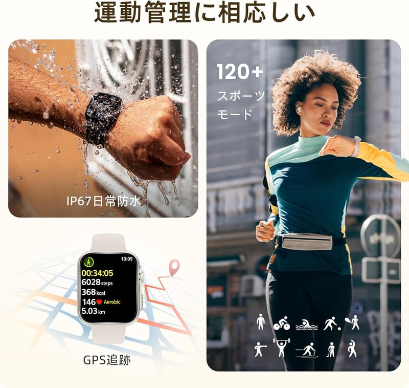 iPhone対応スマートウォッチ 2024年モデル Bluetooth通話機能 1.91インチ大画面 防水 多機能 レディース プレゼント