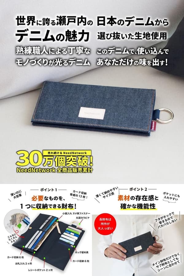 大容量デニム長財布 メンズ・レディース用 シンプルな二つ折り薄型財布