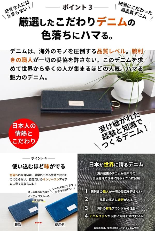 大容量デニム長財布 メンズ・レディース用 シンプルな二つ折り薄型財布