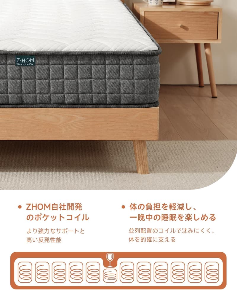高反発ダブルマットレス 20cm 極厚 ポケットコイル 体圧分散 グレー