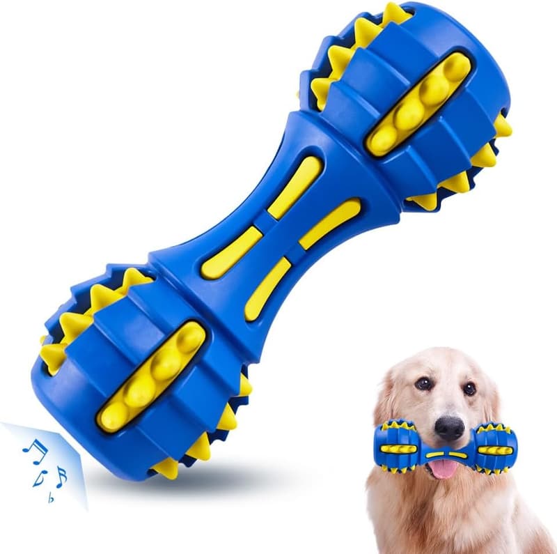 大型犬・中型犬用 頑丈なデンタルトイ ダンベル型噛むおもちゃ（青黄）