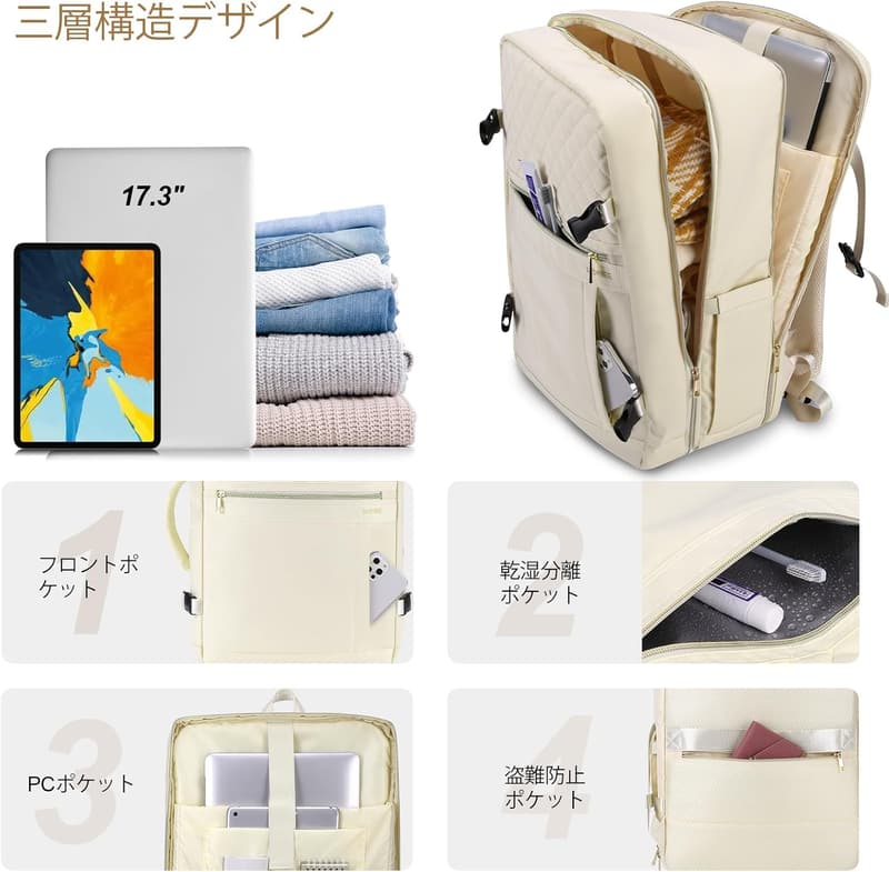 3WAYビジネスリュックサック 40L 大容量 USB付き 男女兼用 防水 15.6インチPC対応