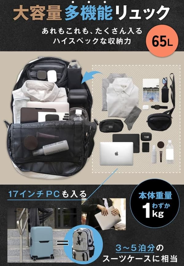 大容量リュック ビジネス用 防災バッグ 65L 多収納 USB給電 旅行・登山・アウトドア対応