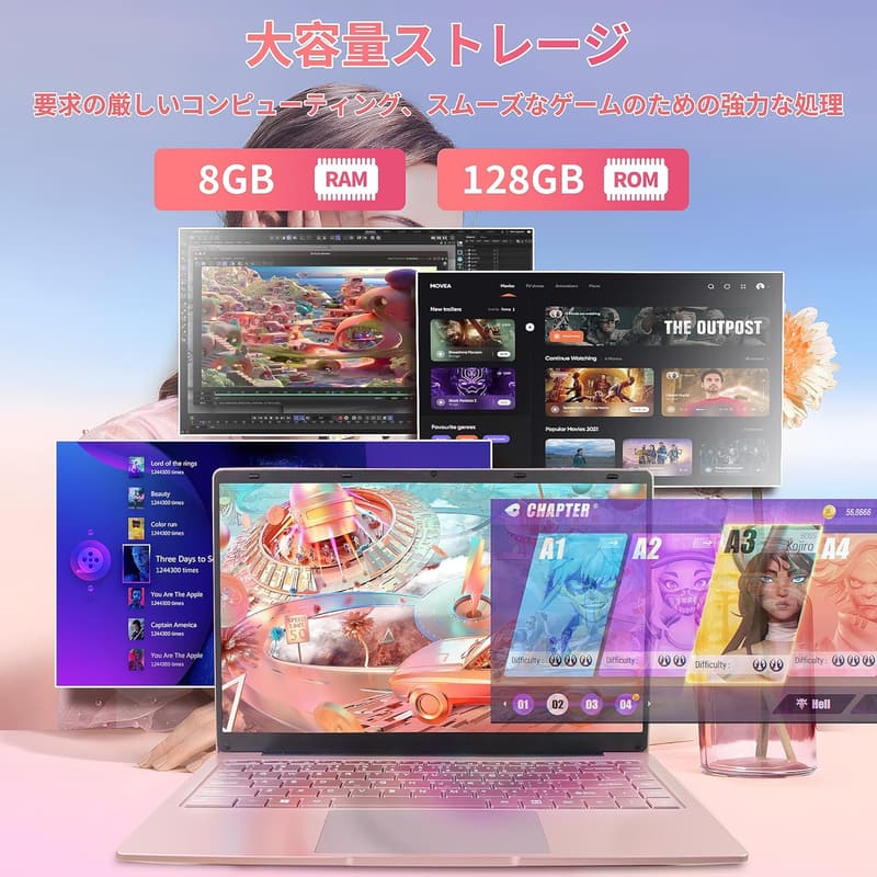 薄型軽量14インチノートパソコン【MS Office 2019、Win 11Pro】Celeron 最大2.6GHz、メモリ8GB、SSD128GB