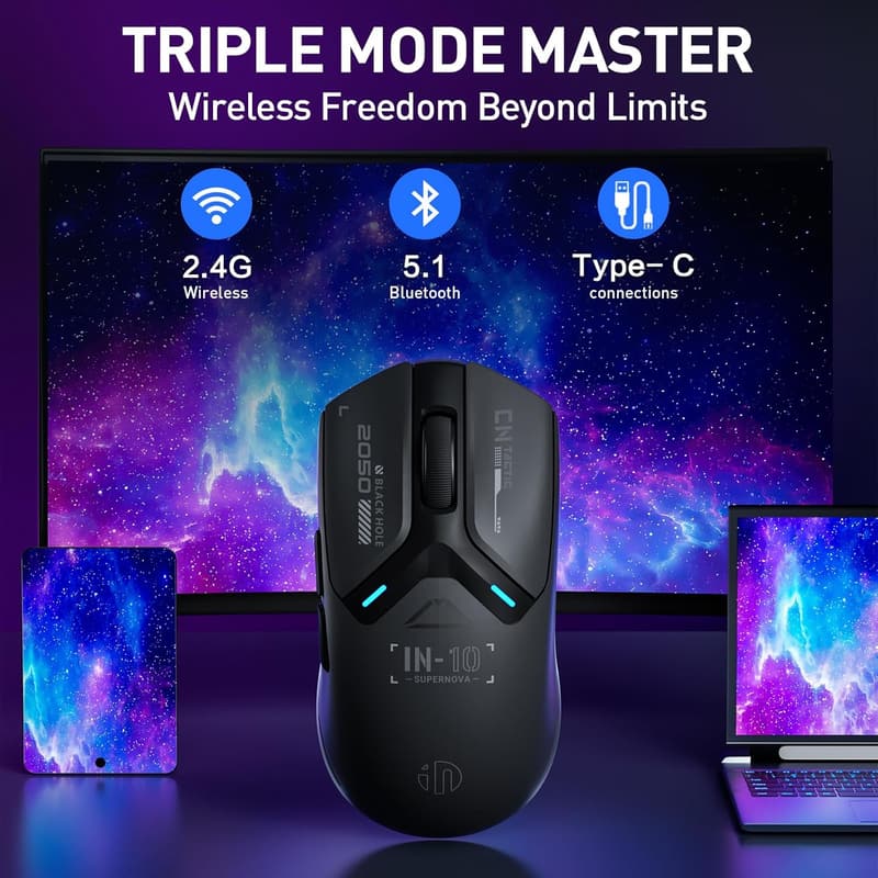 軽量ゲーミングマウス INPHIC IN10P ブラック - Bluetooth/USB-Cトライモード、8000Hz、PAW3395センサー、超耐久1億クリック