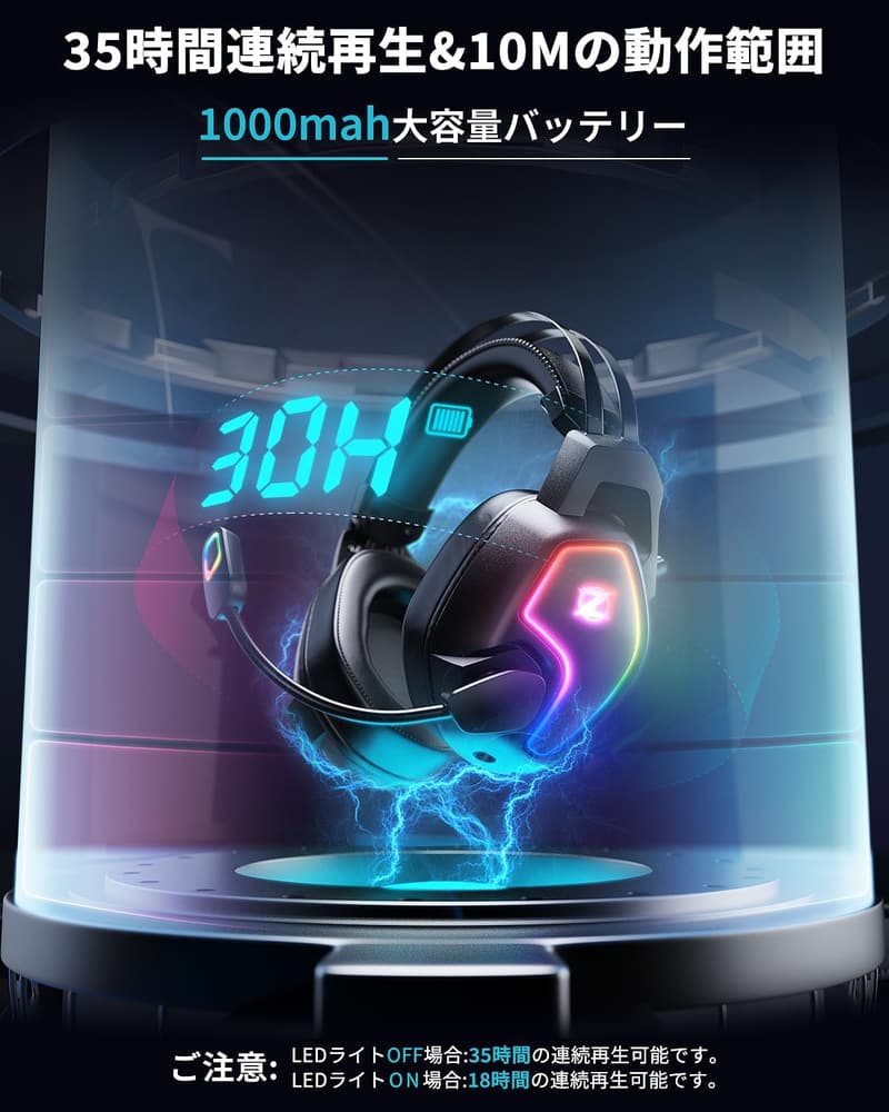 ゲーミングヘッドセット Bluetooth＆有線対応 3WAY接続 50mmドライバー ENCノイズキャンセリング 軽量 7.1ch（黒）