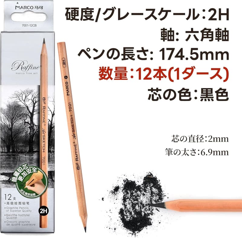 プロフェッショナルスケッチ用木製鉛筆 6B 六角軸 12本セット