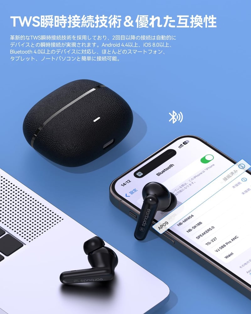 Bluetoothワイヤレスイヤホン ANC機能搭載｜50時間再生・IPX7防水・超低遅延・AI通話ノイズキャンセリング｜iPhone/Android対応