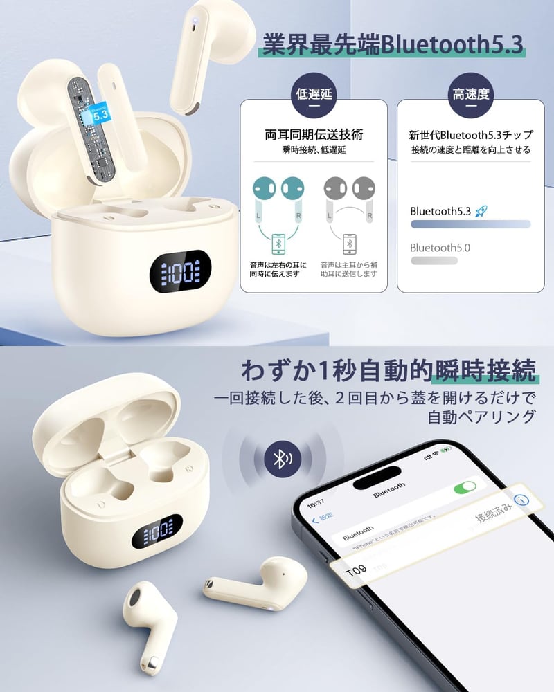 Bluetooth5.3 ワイヤレスイヤホン 音質特化モデル 最大60時間再生 ENCノイズキャンセリング 小型 軽量 取り扱い簡単