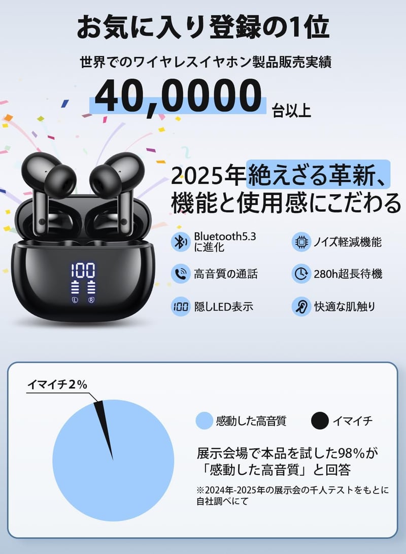 【Bluetooth イヤホン】ENCノイズキャンセリング・自動ペアリング・Hi-Fi音質（ブラック）