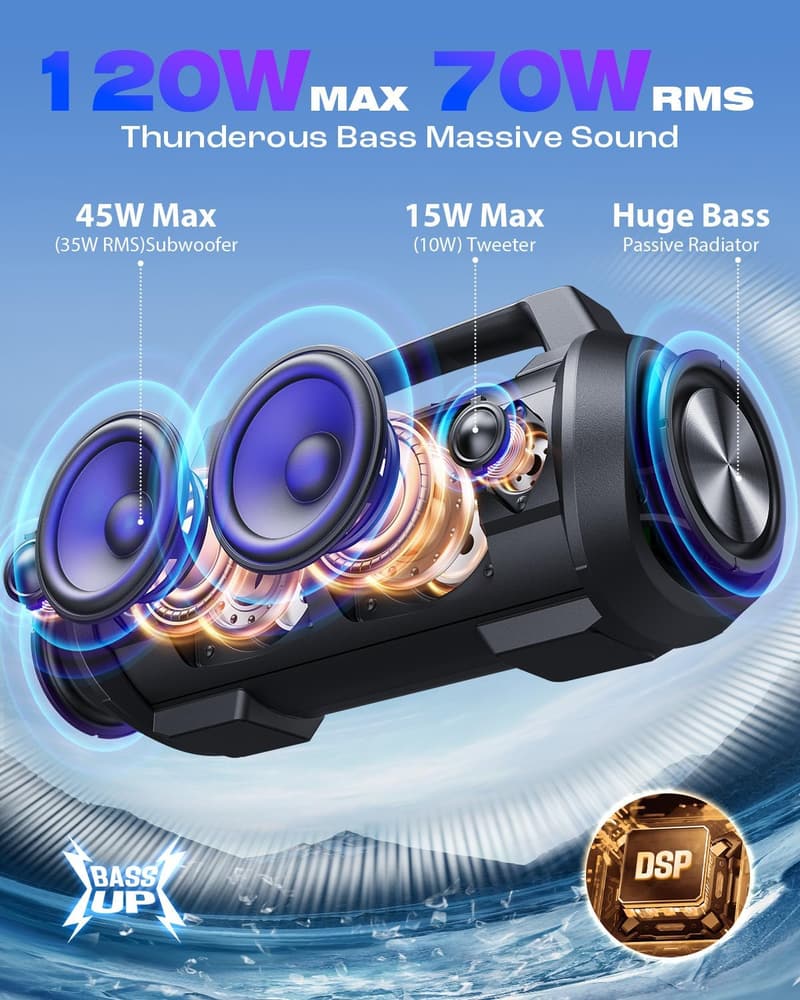 Bluetoothワイヤレスポータブルスピーカー IPX6防水・防塵 大音量【パーティーライト・マイクポート・42時間再生】
