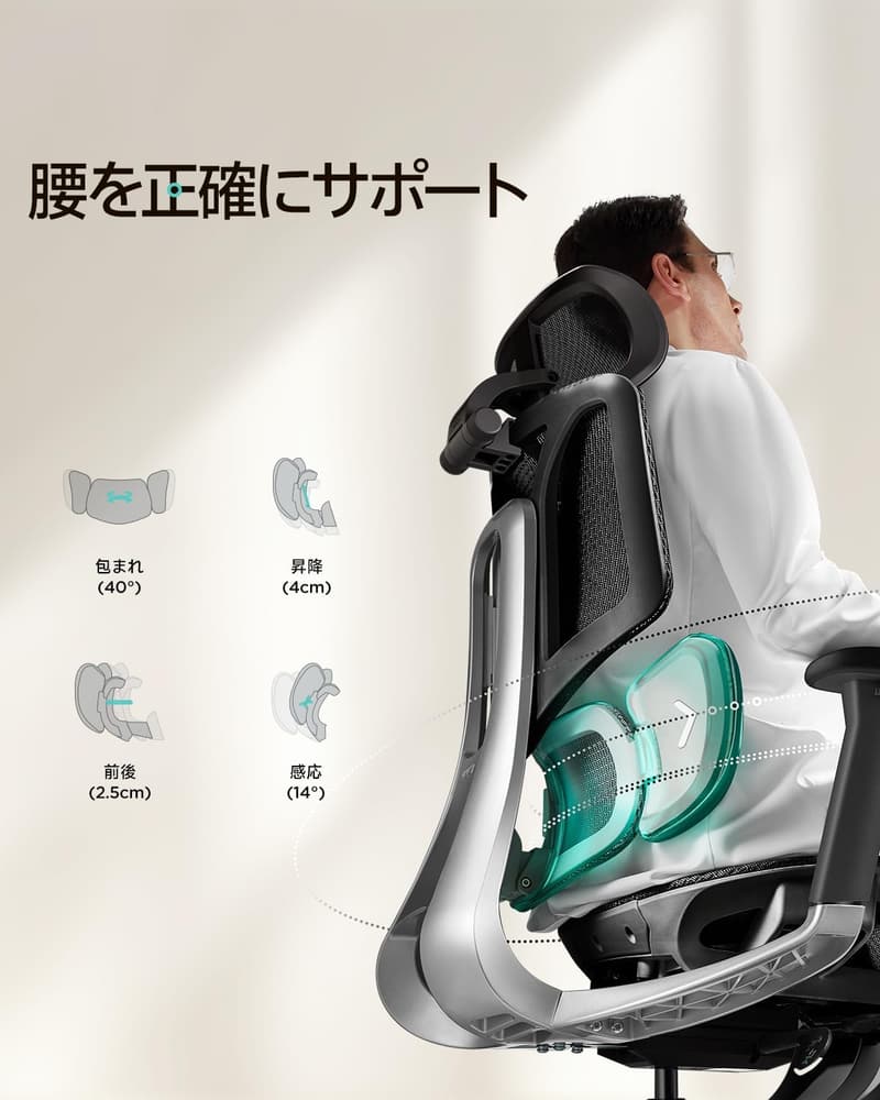 Hbada E3 Air メッシュオフィスチェア 人間工学設計 3Dヘッドレスト リクライニング対応 ブラック