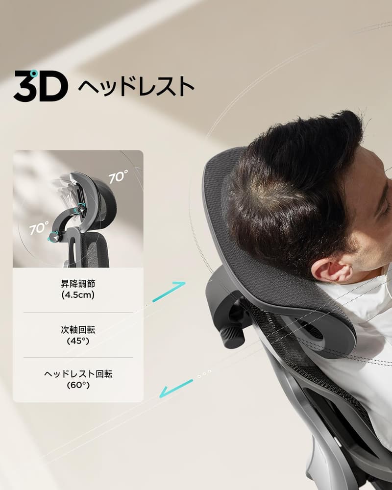 Hbada E3 Air メッシュオフィスチェア 人間工学設計 3Dヘッドレスト リクライニング対応 ブラック