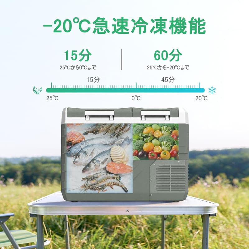 車載・家庭用ポータブル冷蔵庫 31L 2室タイプ -20℃～20℃急速冷凍 静音 3WAY電源対応