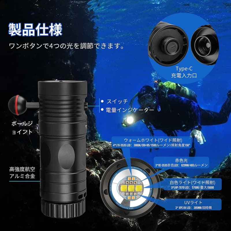 ダイビングライト TrustFire DF90 15000ルーメン 水中70Mまで対応 USB充電式 4モード調光