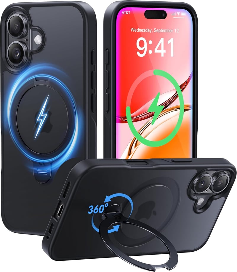 iPhone 16用耐衝撃ケース MagicStand Pro【米軍MIL規格・25W急速充電対応・マット仕上げ・MagSafe対応】ブラック
