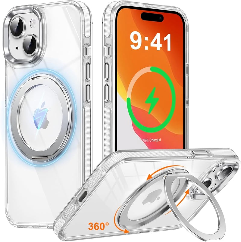 iPhone 13/14用 360度回転スタンドケース 縦横両用 MagSafe対応 軽量クリアカバー 耐衝撃米軍規格