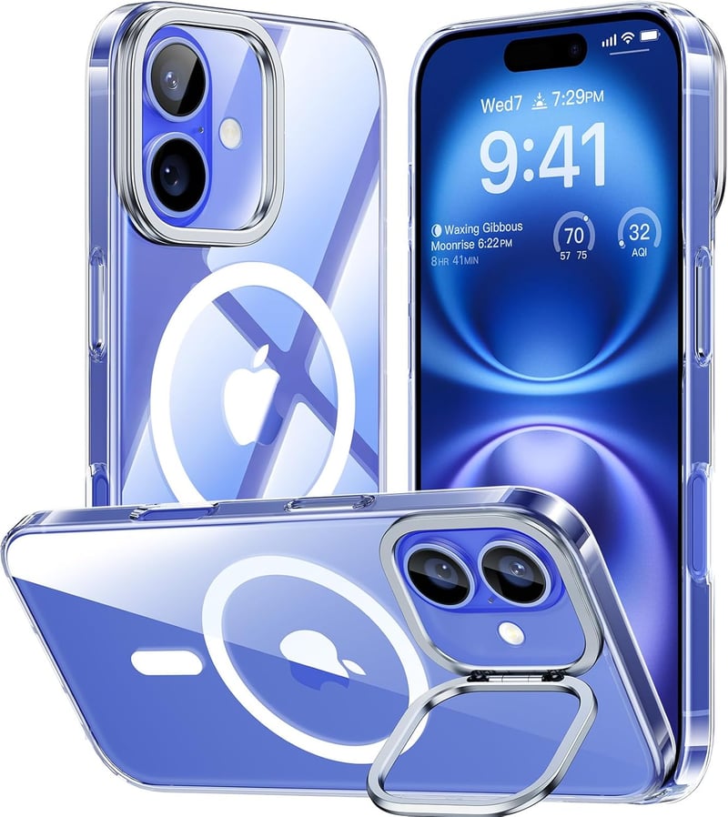 Magsafe対応 iPhone 16用 クリア薄型ケース 黄変防止・耐衝撃・レンズスタンド内蔵