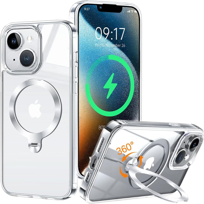 iPhone 13/14用 クリアケース Magsafe対応 スタンド付き 黄変防止 米軍MIL規格取得 6.1インチ