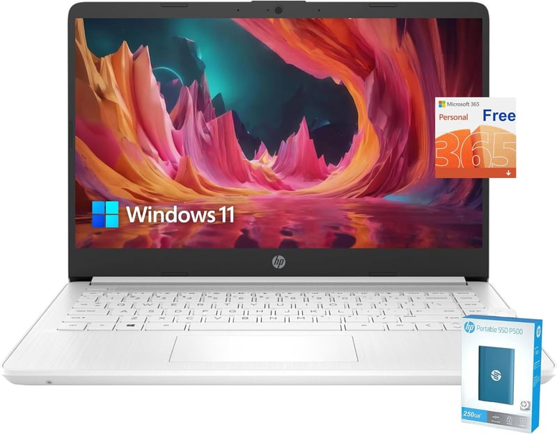 HP 14インチ HDノートパソコン (Intel Celeron, 16GBメモリ, 64GBストレージ) 11時間バッテリー, Office 365付属, ホワイト