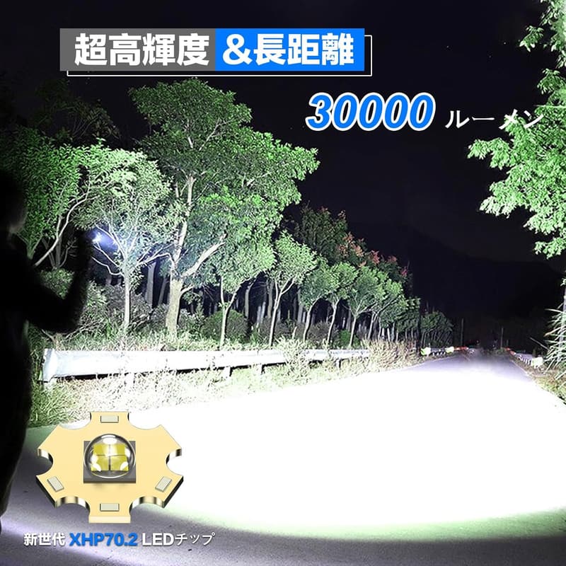 強力なLED懐中電灯 30000ルーメン 防水 IP67 軍用ハンディライト 充電式 5モード調光 ズーム機能付き