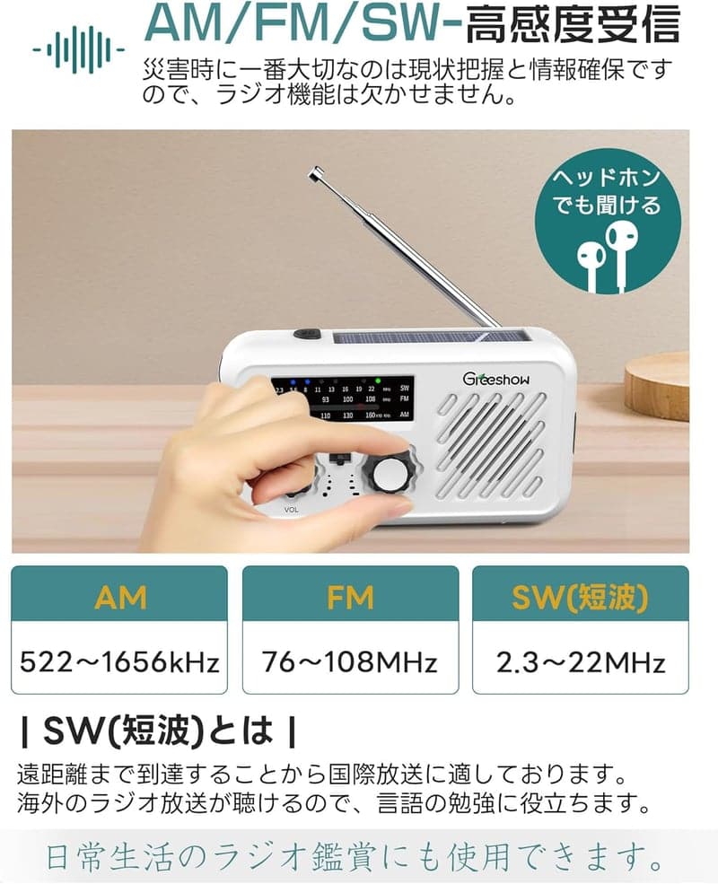 防災ラジオ 多機能手回し・ソーラー充電対応 2000mAh 防水 小型 日本防災安全協会認証品 GS-297（ホワイト）