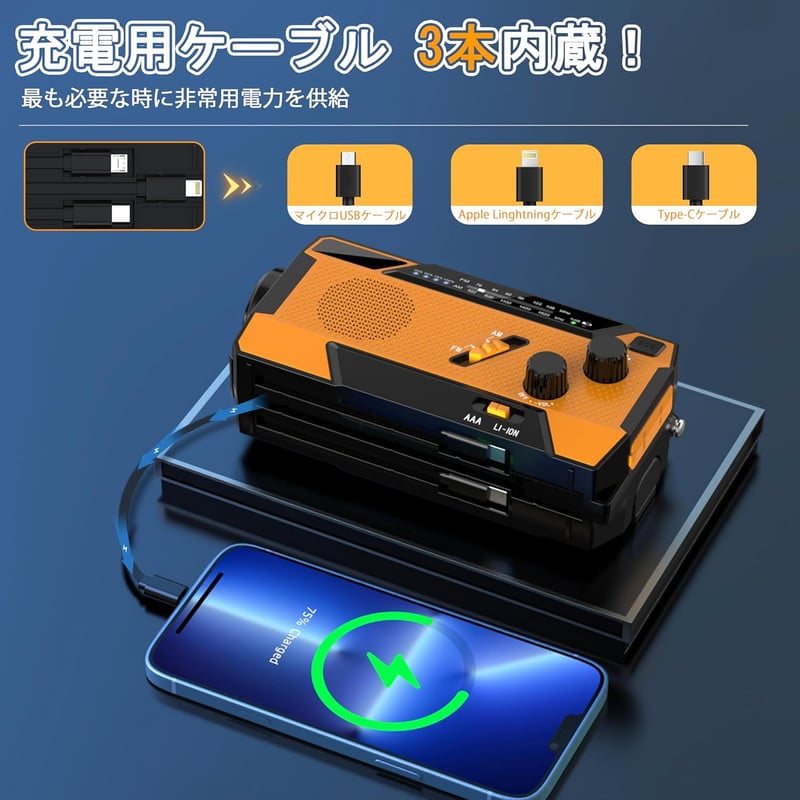 2025年最新 多機能防災ラジオ 充電式ソーラー手回し発電 2000mAh バーディーSOS緊急警報付き 懐中電灯付きオレンジ