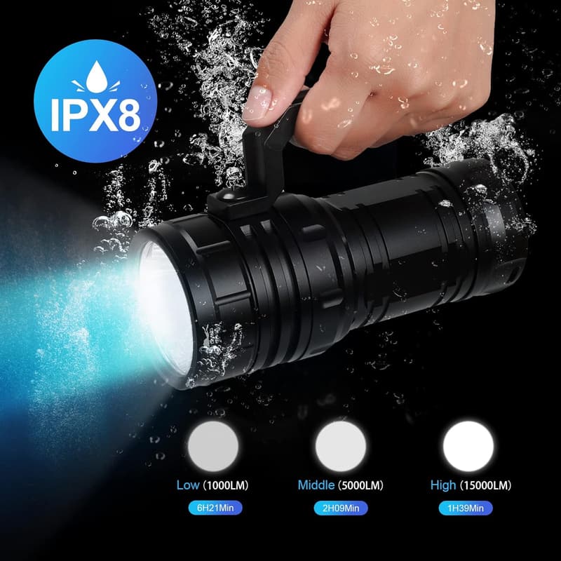 15000ルーメンダイビングライト DL06 充電式LED懐中電灯 IPX8防水 100m 深海用