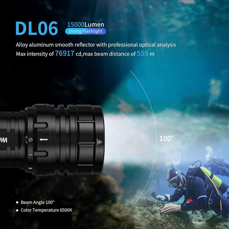 15000ルーメンダイビングライト DL06 充電式LED懐中電灯 IPX8防水 100m 深海用