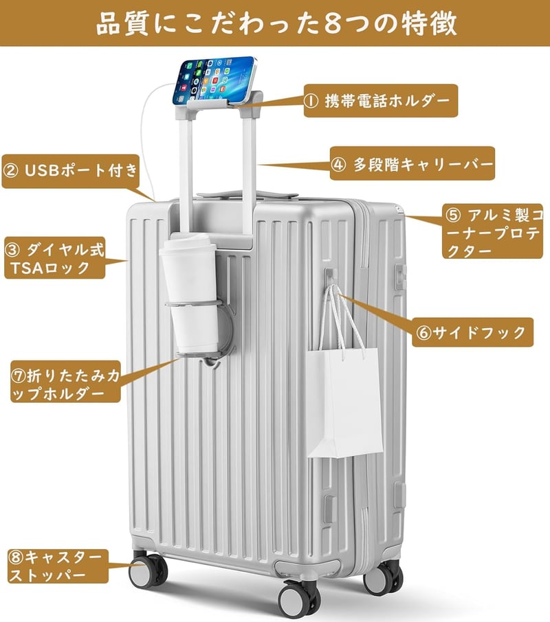 機内持ち込みスーツケース 超軽量 USBポート・カップホルダー・携帯スタンド付き Sサイズ シルバー