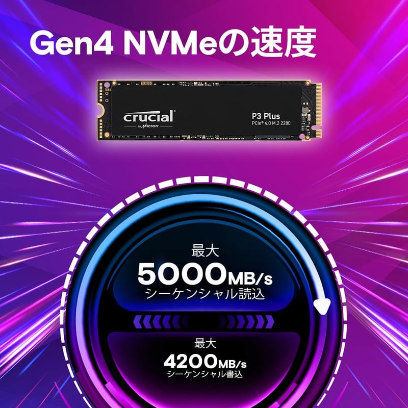 クルーシャル P3plus 1TB NVMe PCIe4.0 M.2 SSD 最大5000MB/秒 5年保証