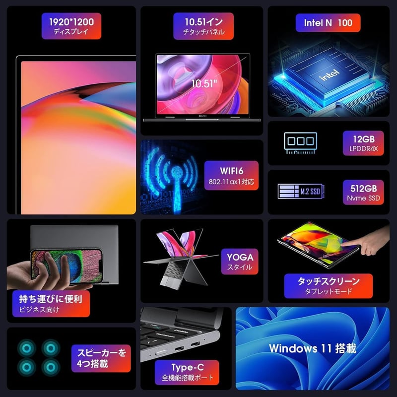 CHUWI MiniBook X 10.51インチ ノートパソコン Celeron N100 12G RAM 512G SSD タッチパネル 1920*1200 軽量薄型 無線LAN BT5.1