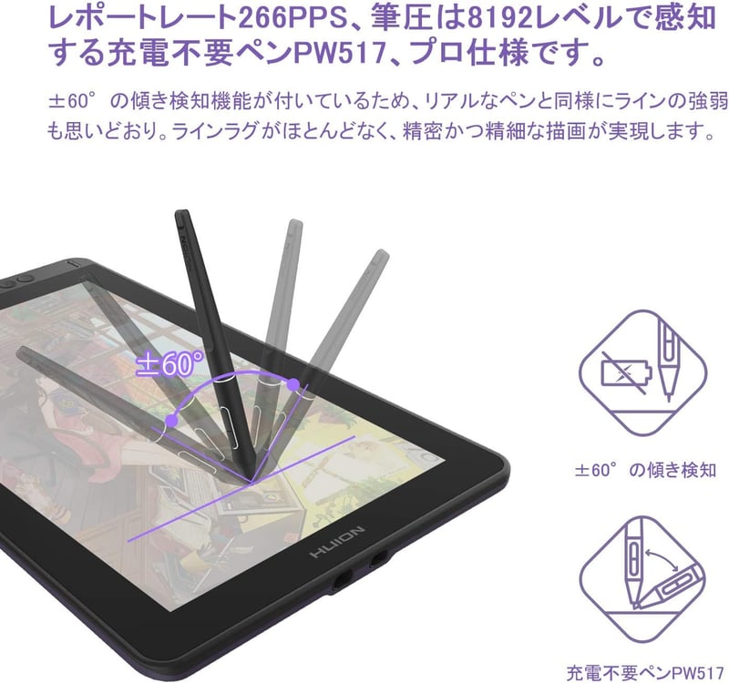 初心者向けHUION Kamvas 13 液晶ペンタブレット 8192レベル筆圧感度 スタンド付き
