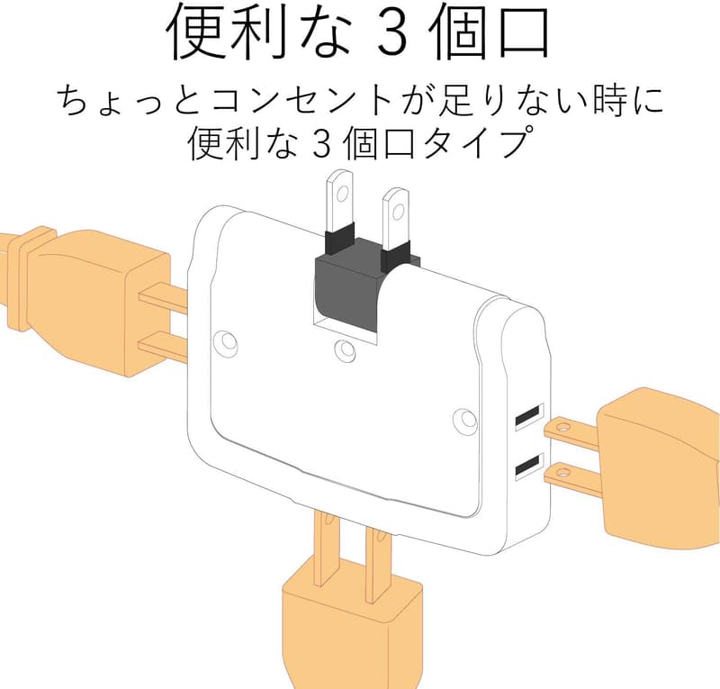 エレコム コーナータップ 雷ガード付き 3個口 スウィングプラグ ホワイト