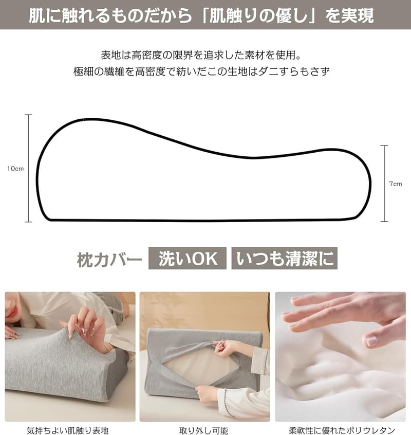 快眠 低反発枕 首痛軽減用 50×30cm 洗濯可 枕カバー付き