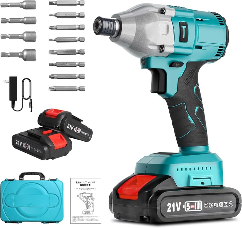 充電式電動インパクトドライバー 最大トルク300N.m 軽量ブラシレスモーター 2000mAhバッテリー2個付属