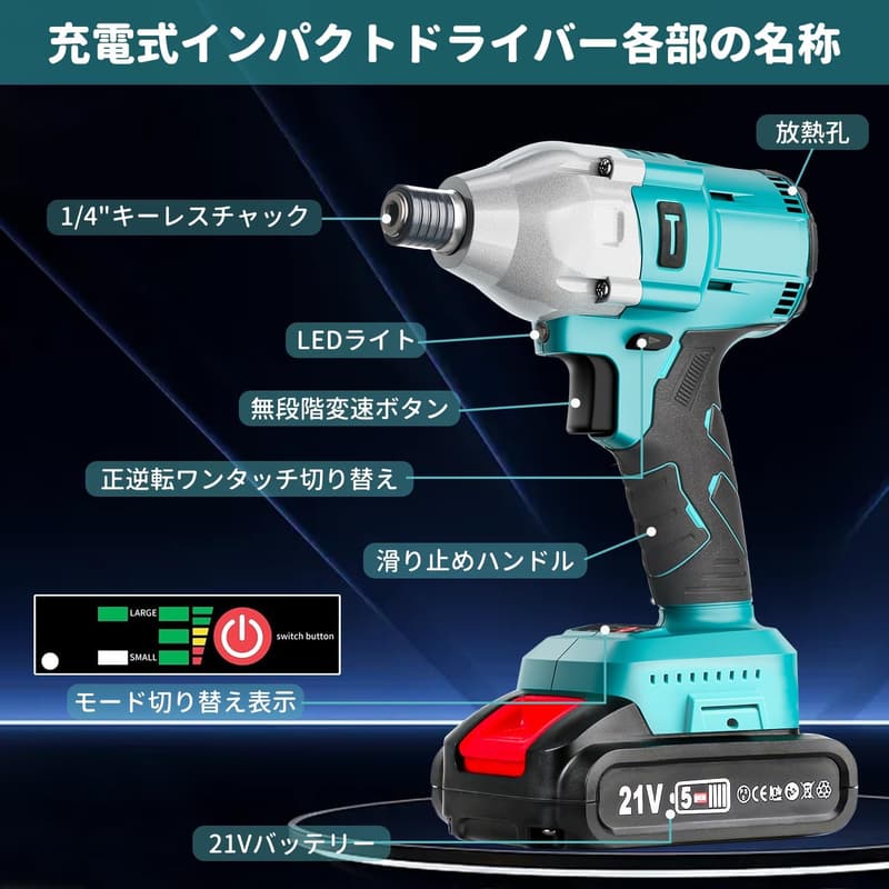 充電式電動インパクトドライバー 21V ブラシレスモーター 最大トルク300N.m LEDライト付き DIY用【2000mAhバッテリー×2】