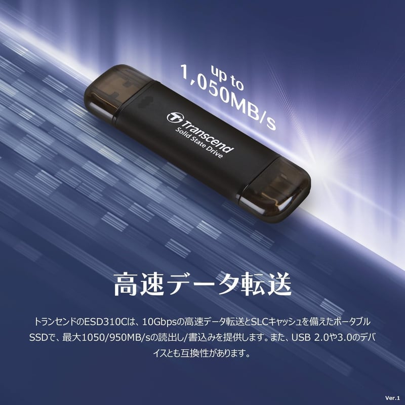 ポータブルSSD 1TB 高速1050MB/s Type-A/Type-C両対応 シルバー