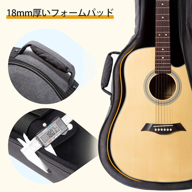 アコースティックギター用セミハードケース グレー 肩掛け・手提げ可 ネックピロー付き 18mmスポンジ 5ポケット収納