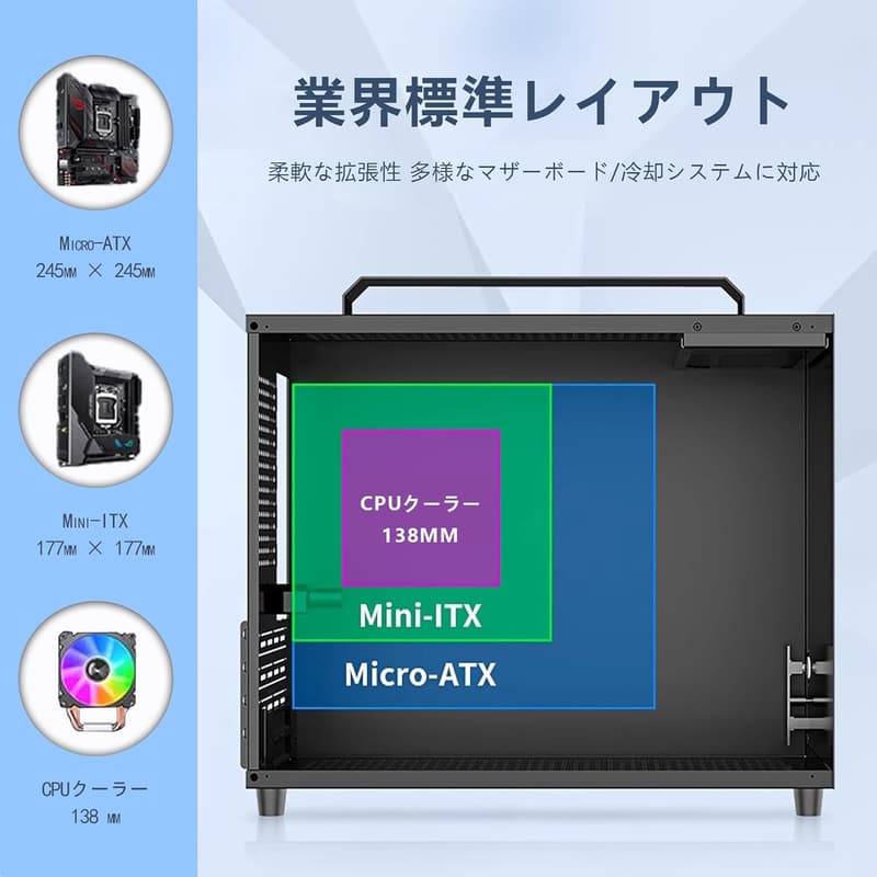 ミドルタワーPCケース 透明強化ガラス MICRO-ATX ブラック