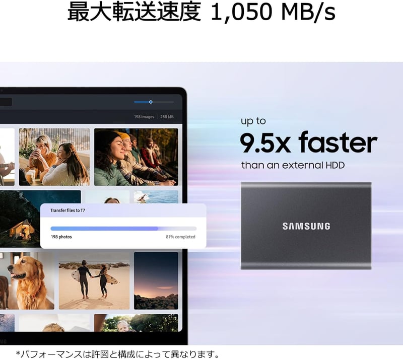 iPhone15対応 Samsung T7 1TB 外付けSSD USB3.2 Gen2 最大転送速度1,050MB/秒 グレー 国内正規保証【特典付】